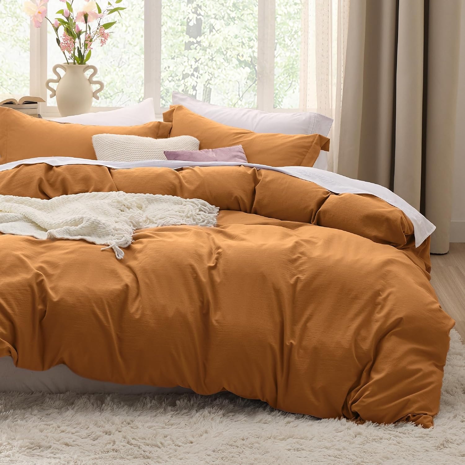 image:imageBedsure Tan Gingham Ruffle Duvet Cover SetVintage Farmhouse Bedding Queen08 Gold No Comforter