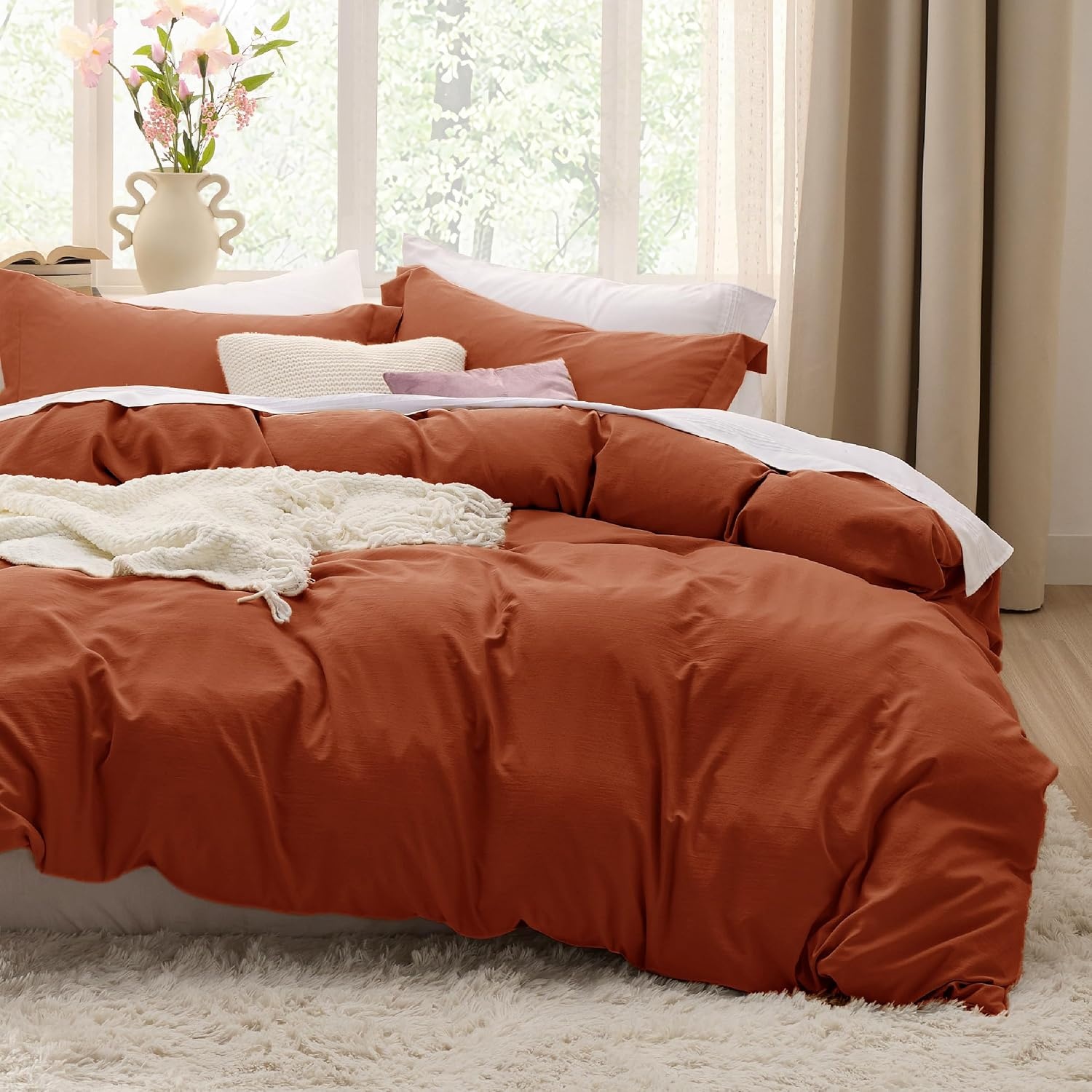 image:imageBedsure Tan Gingham Ruffle Duvet Cover SetVintage Farmhouse Bedding Queen08 Terracotta No Comforter