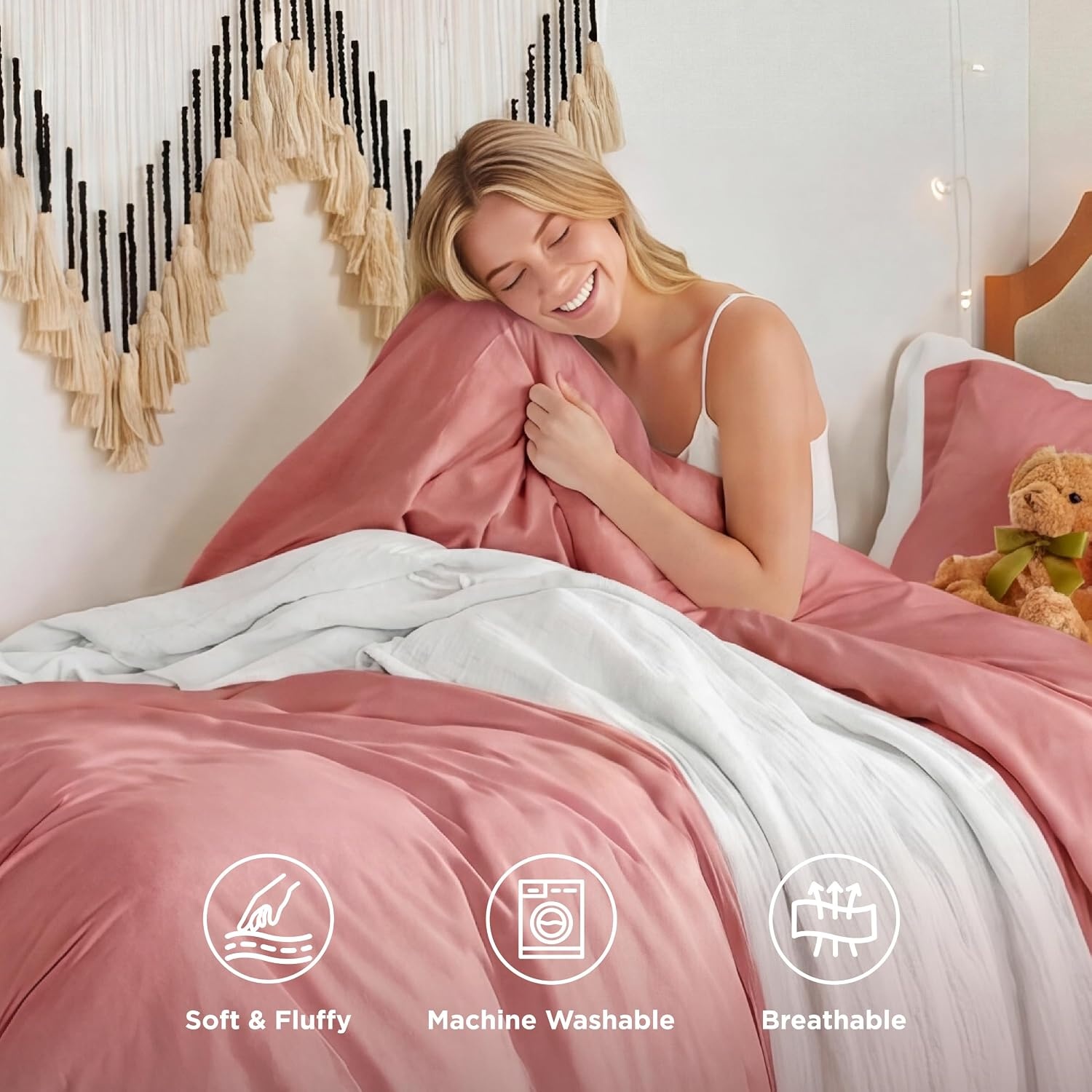 image:imageBedsure Tan Gingham Ruffle Duvet Cover SetVintage Farmhouse Bedding Queen09 Clay Pink No Comforter