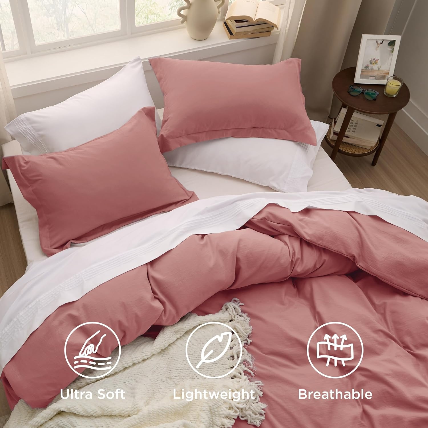 image:imageBedsure Tan Gingham Ruffle Duvet Cover SetVintage Farmhouse Bedding Queen09 Pink Clay No Comforter