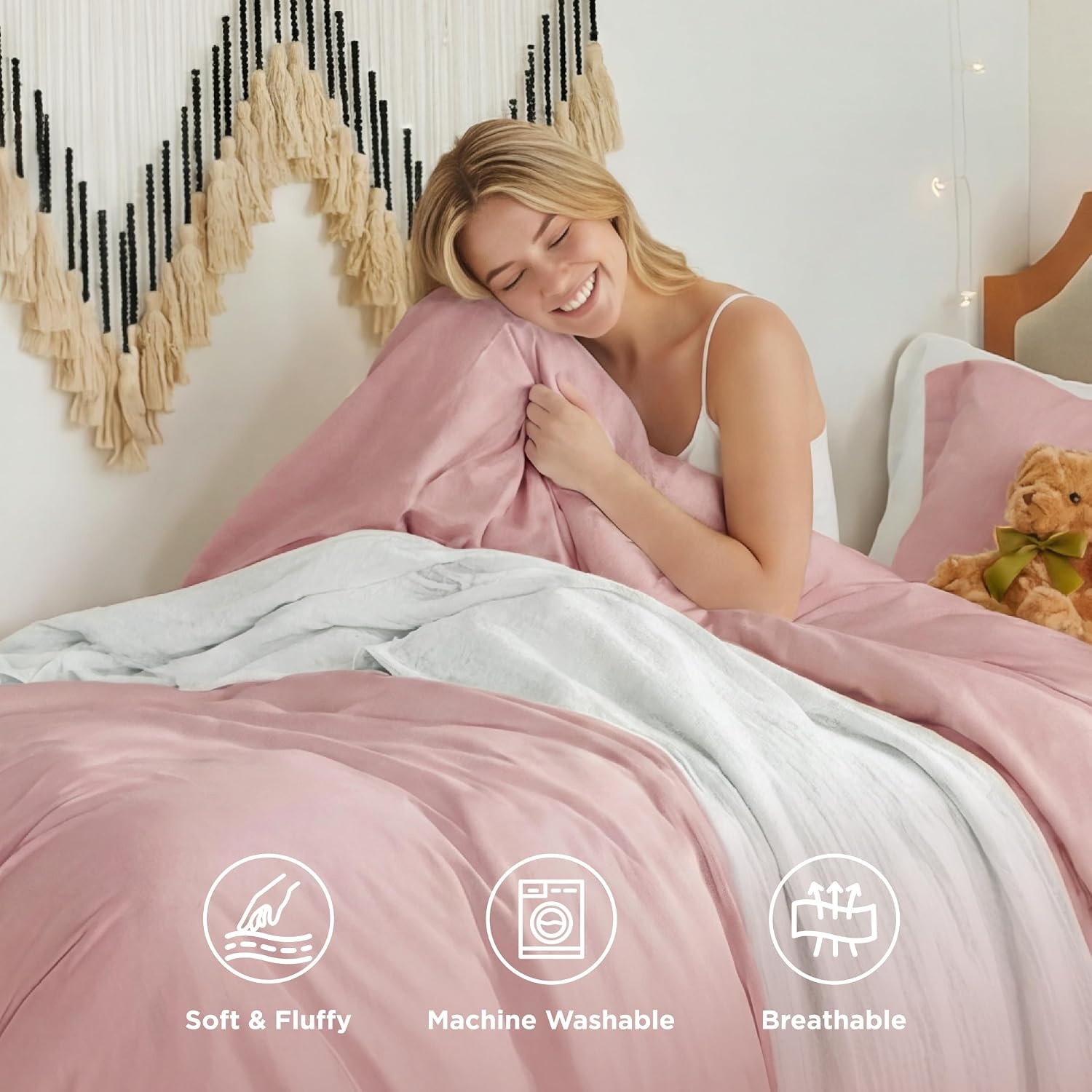 image:imageBedsure Tan Gingham Ruffle Duvet Cover SetVintage Farmhouse Bedding Queen09 Pink No Comforter
