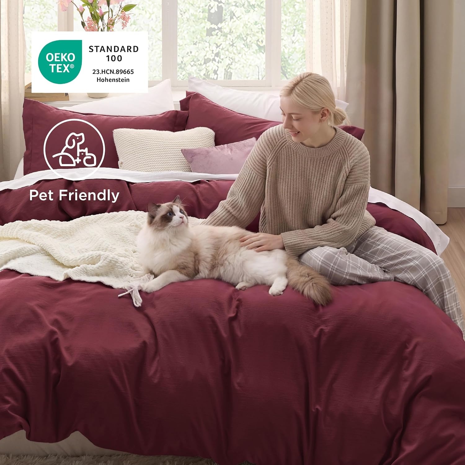 image:imageBedsure Tan Gingham Ruffle Duvet Cover SetVintage Farmhouse Bedding Queen10 Burgundy No Comforter