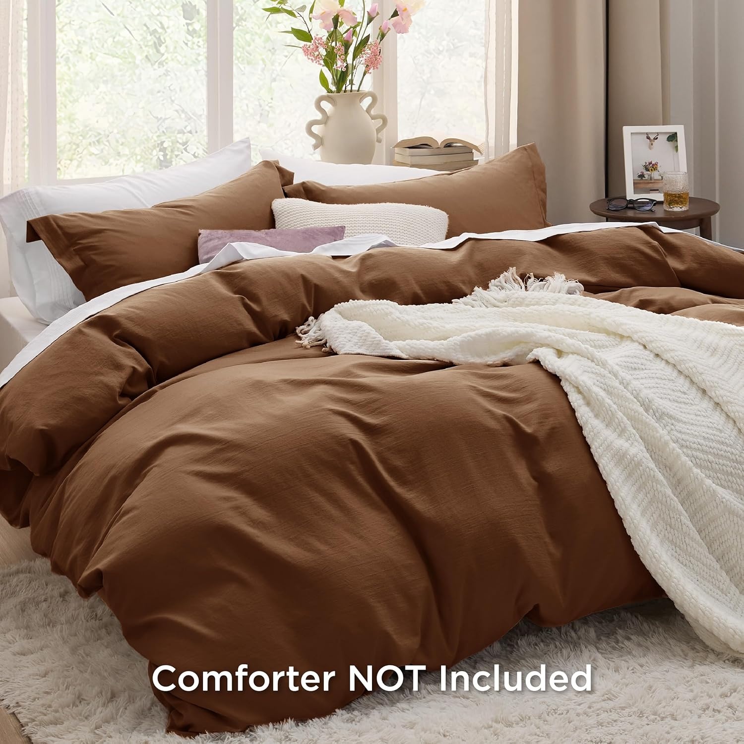 image:imageBedsure Tan Gingham Ruffle Duvet Cover SetVintage Farmhouse Bedding Queen19 Chocolate Brown No Comforter