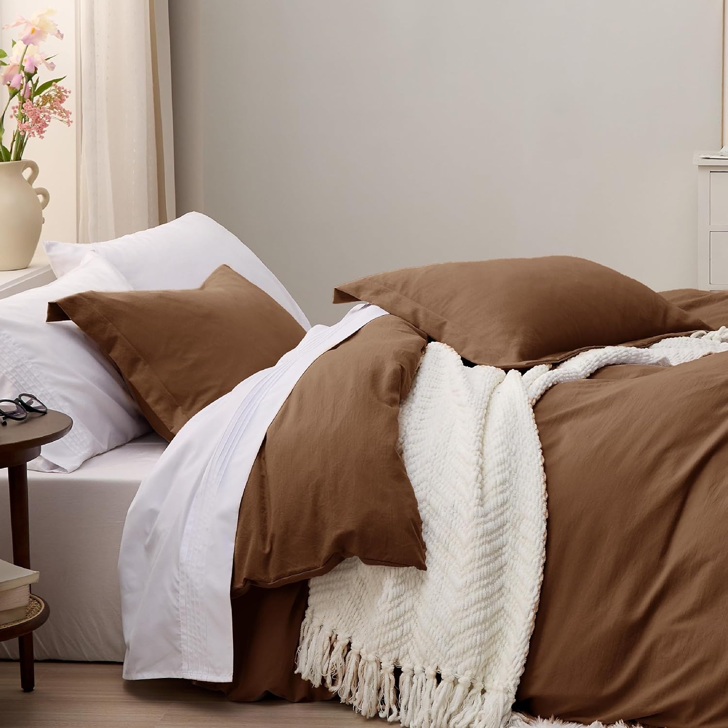 image:imageBedsure Tan Gingham Ruffle Duvet Cover SetVintage Farmhouse Bedding Queen19 Chocolate Brown No Comforter