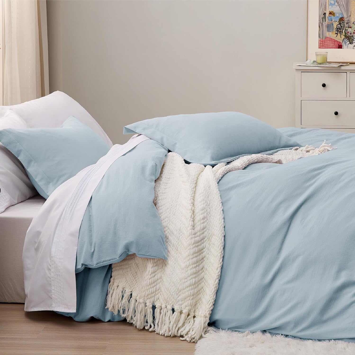 image:imageBedsure Tan Gingham Ruffle Duvet Cover SetVintage Farmhouse Bedding Queen20 Sky Blue No Comforter