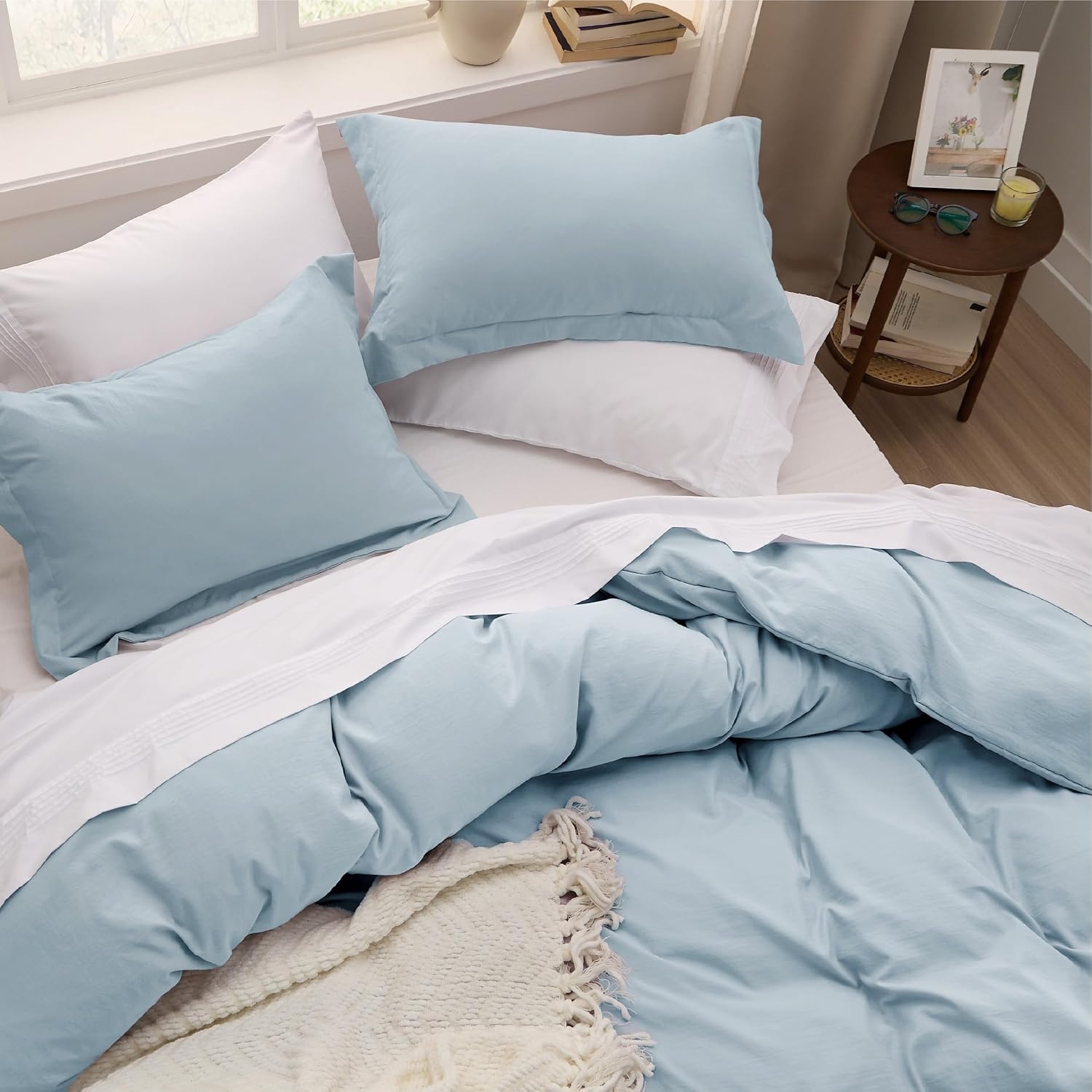 image:imageBedsure Tan Gingham Ruffle Duvet Cover SetVintage Farmhouse Bedding Queen20 Sky Blue No Comforter