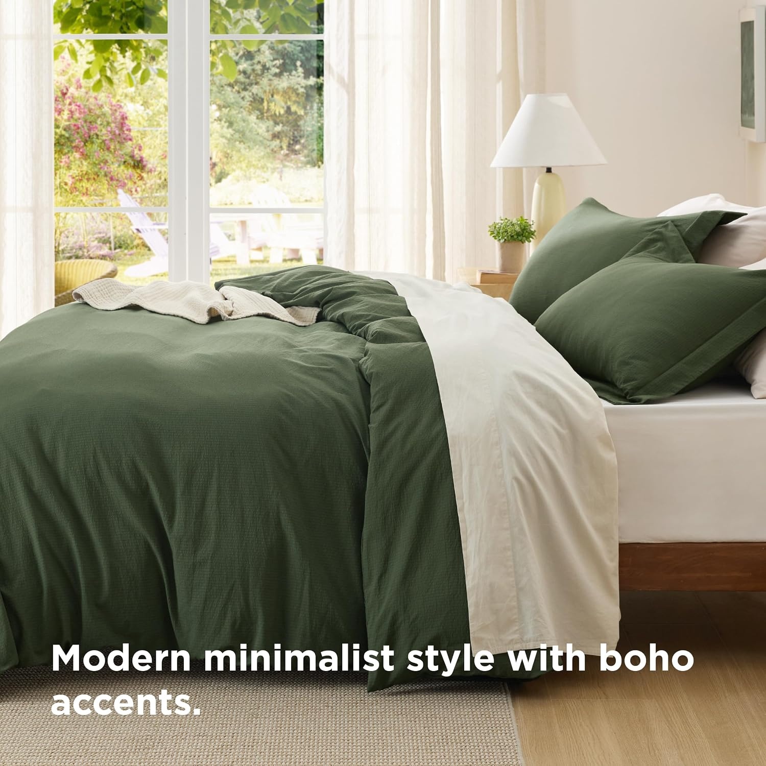 image:imageBedsure Tan Gingham Ruffle Duvet Cover SetVintage Farmhouse Bedding Queen21 Olive Green No Comforter