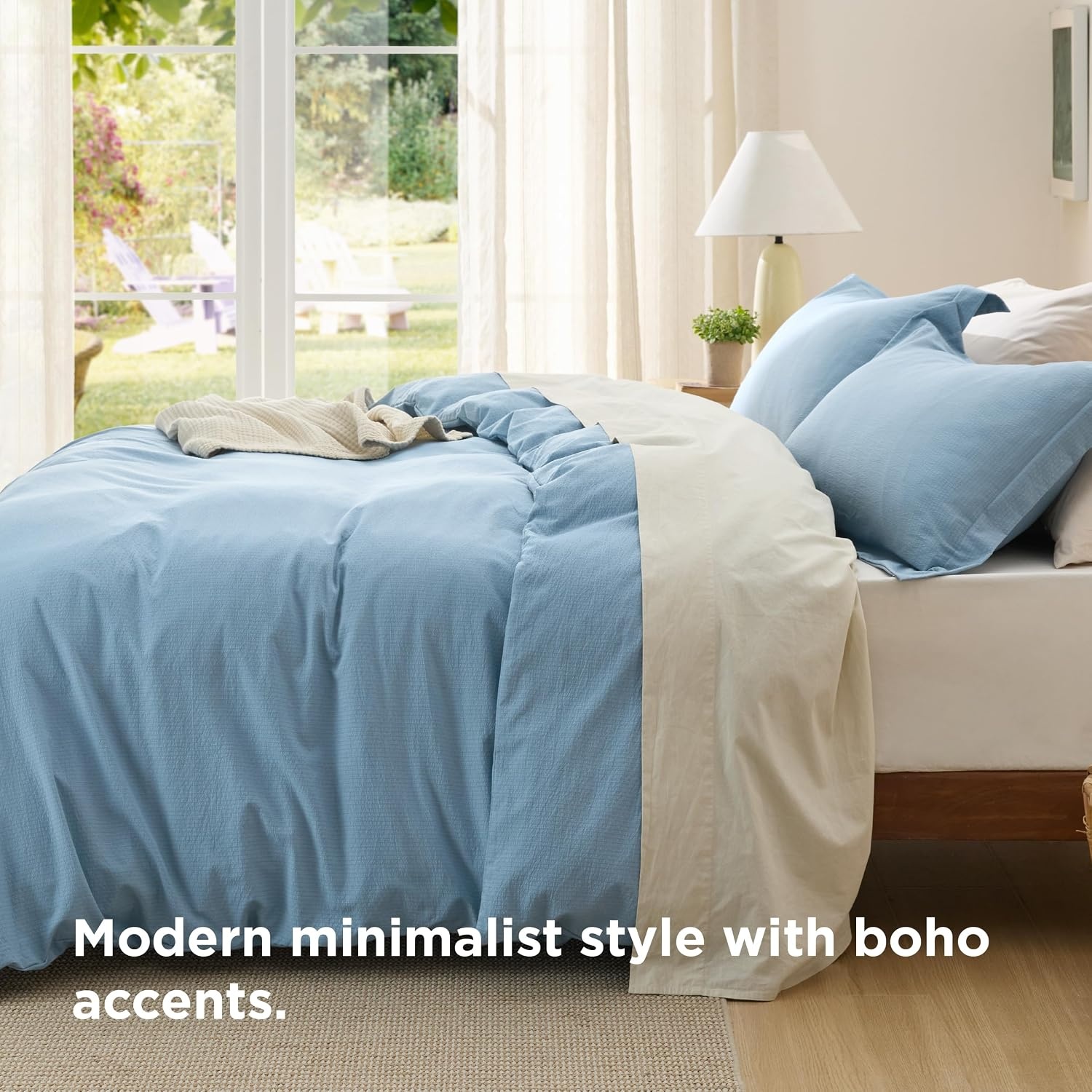 image:imageBedsure Tan Gingham Ruffle Duvet Cover SetVintage Farmhouse Bedding Queen22 Chambray Blue No Comforter