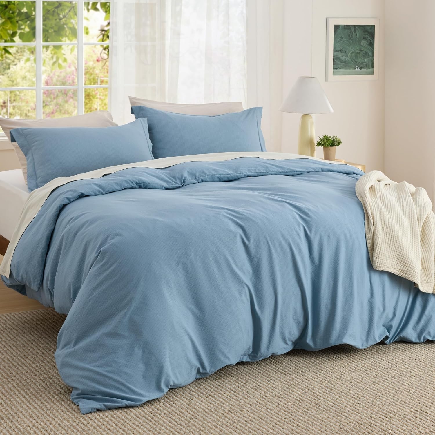 image:imageBedsure Tan Gingham Ruffle Duvet Cover SetVintage Farmhouse Bedding Queen22 Chambray Blue No Comforter