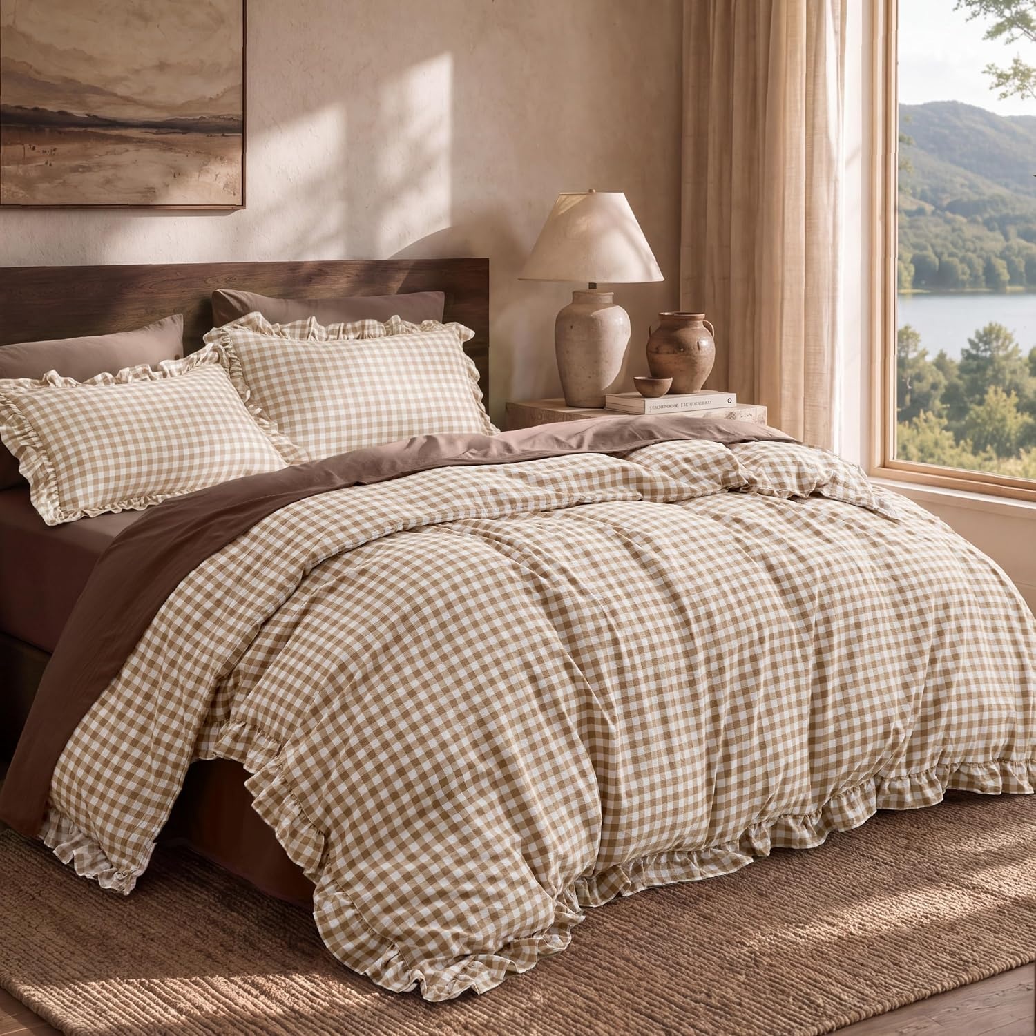image:imageBedsure Tan Gingham Ruffle Duvet Cover SetVintage Farmhouse Bedding Queen24 Tan Gingham