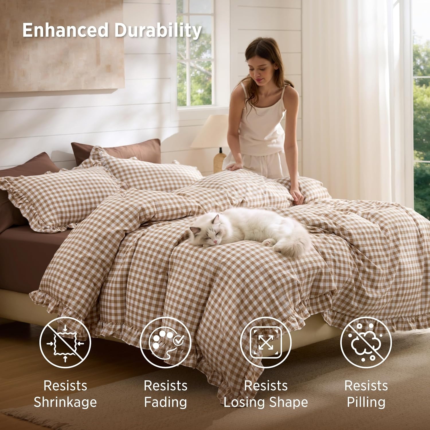 image:imageBedsure Tan Gingham Ruffle Duvet Cover SetVintage Farmhouse Bedding Queen24 Tan Gingham