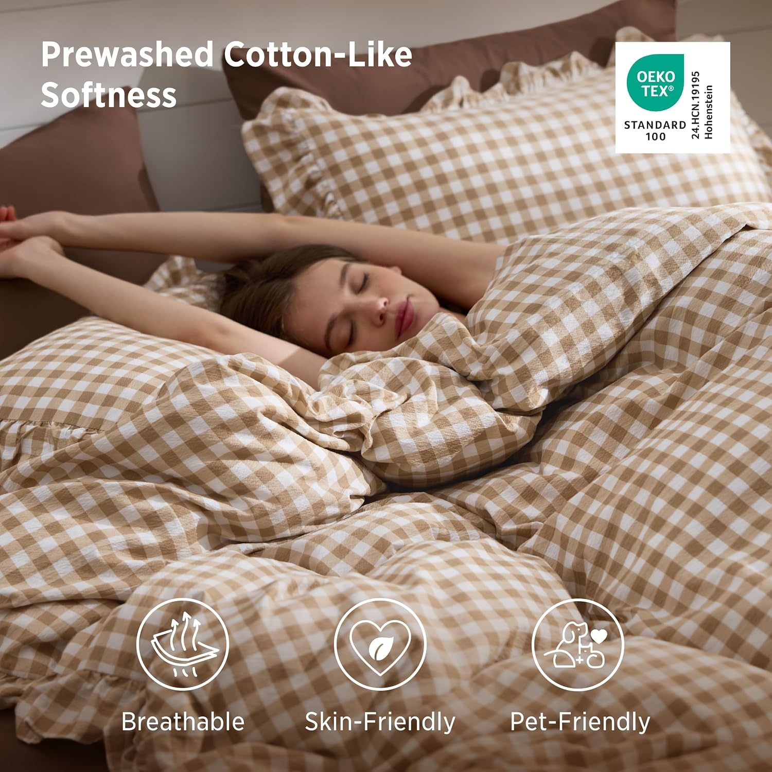 image:imageBedsure Tan Gingham Ruffle Duvet Cover SetVintage Farmhouse Bedding Queen24 Tan Gingham