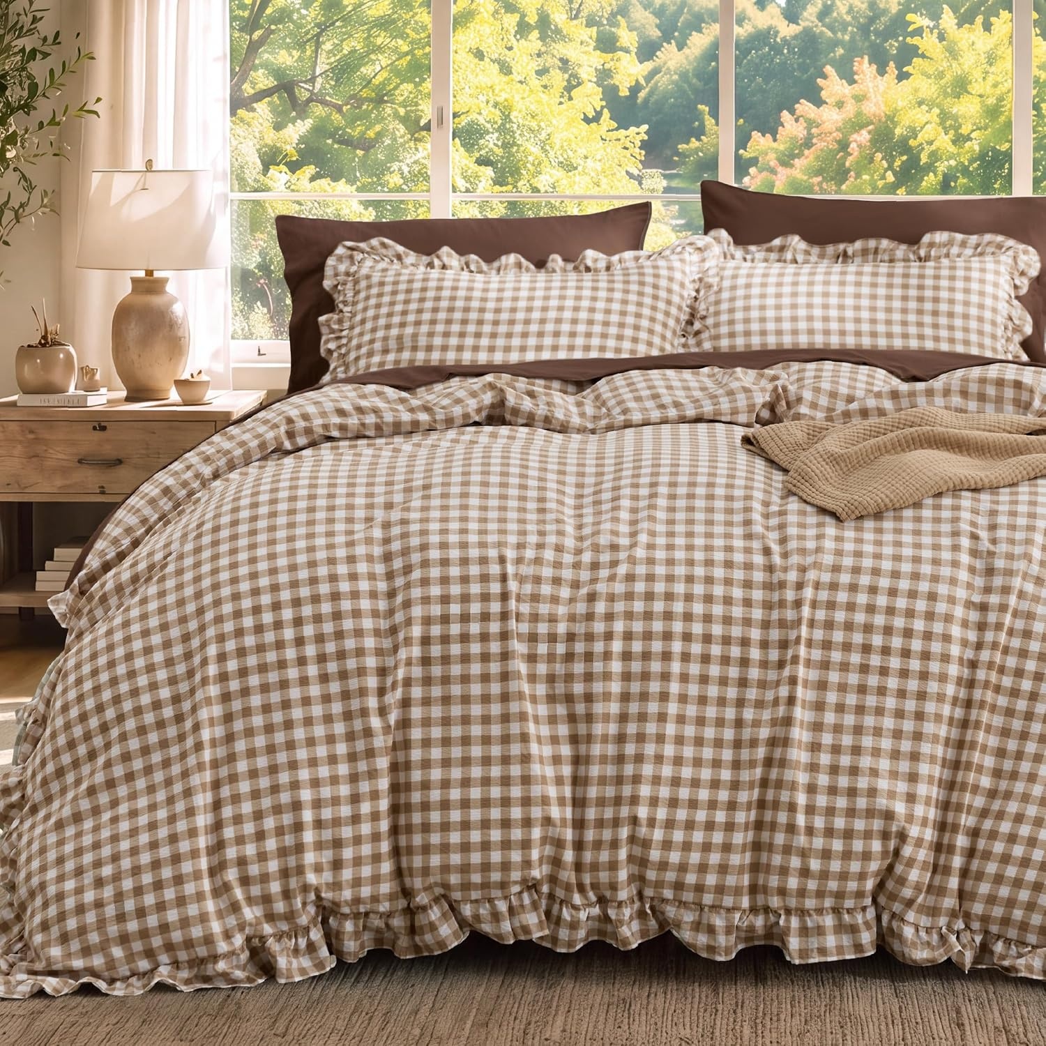 image:imageBedsure Tan Gingham Ruffle Duvet Cover SetVintage Farmhouse Bedding Queen24 Tan Gingham