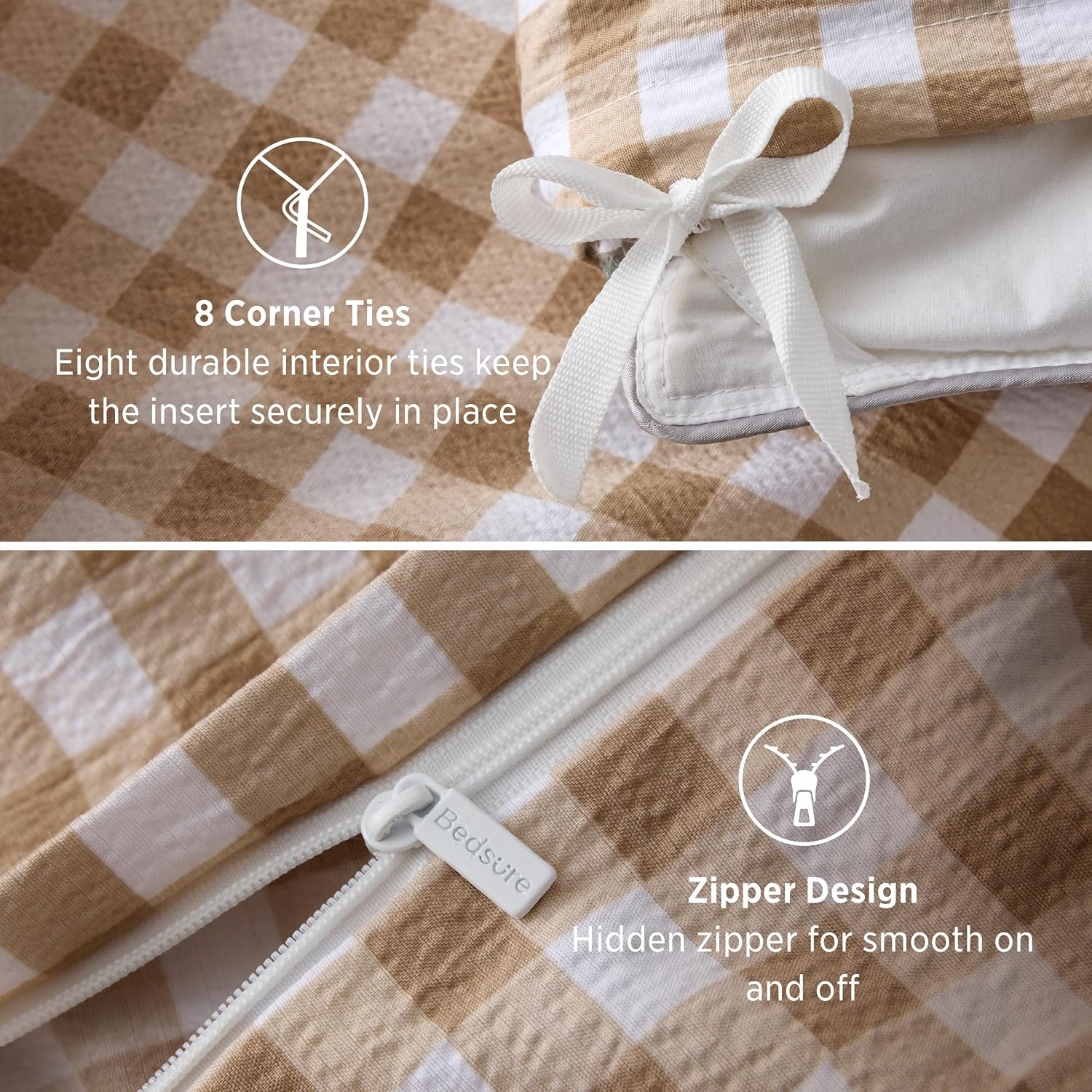 image:imageBedsure Tan Gingham Ruffle Duvet Cover SetVintage Farmhouse Bedding Queen24 Tan Gingham