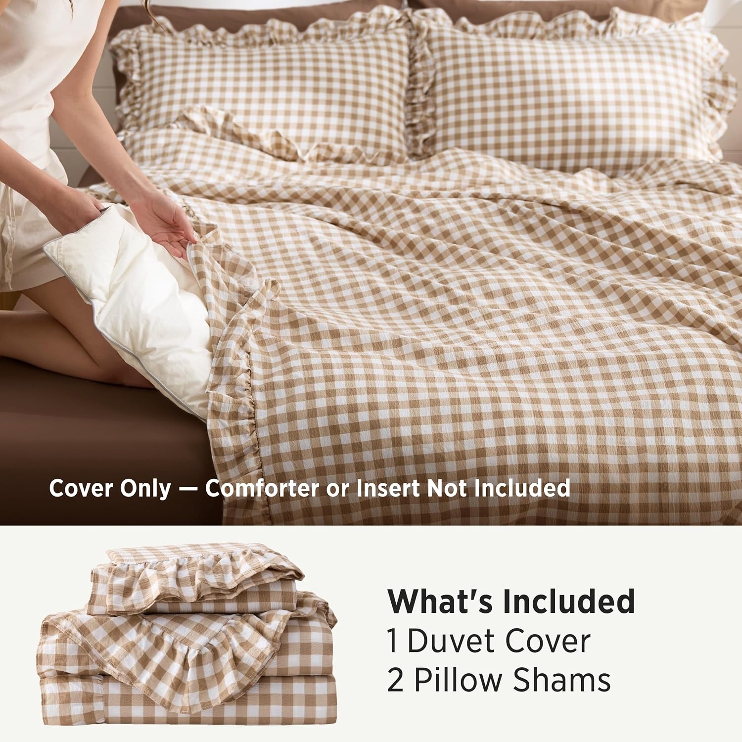 image:imageBedsure Tan Gingham Ruffle Duvet Cover SetVintage Farmhouse Bedding Queen24 Tan Gingham
