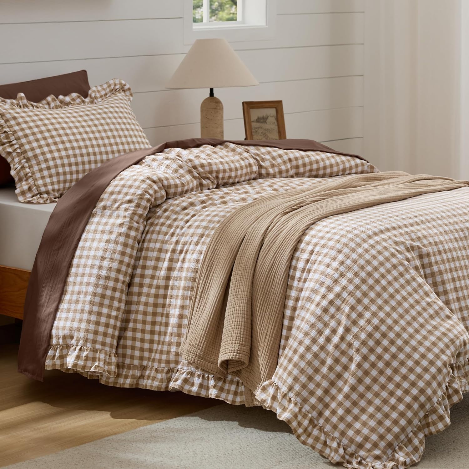 image:imageBedsure Tan Gingham Ruffle Duvet Cover SetVintage Farmhouse Bedding Queen24 Tan Gingham