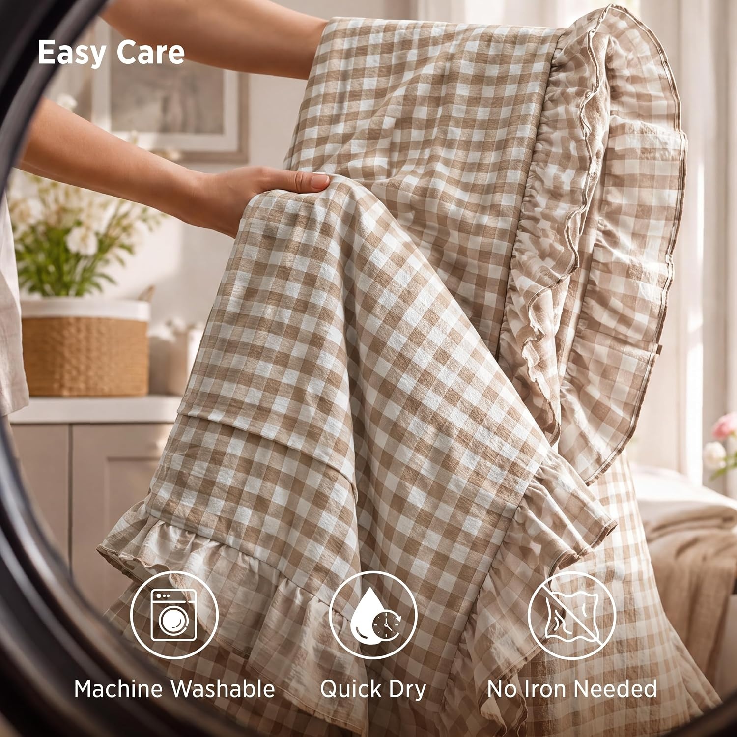 image:imageBedsure Tan Gingham Ruffle Duvet Cover SetVintage Farmhouse Bedding Queen24 Tan Gingham