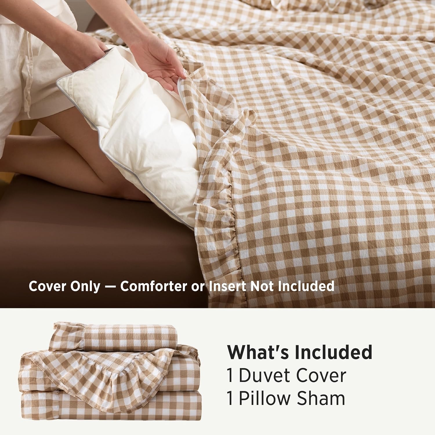 image:imageBedsure Tan Gingham Ruffle Duvet Cover SetVintage Farmhouse Bedding Queen24 Tan Gingham