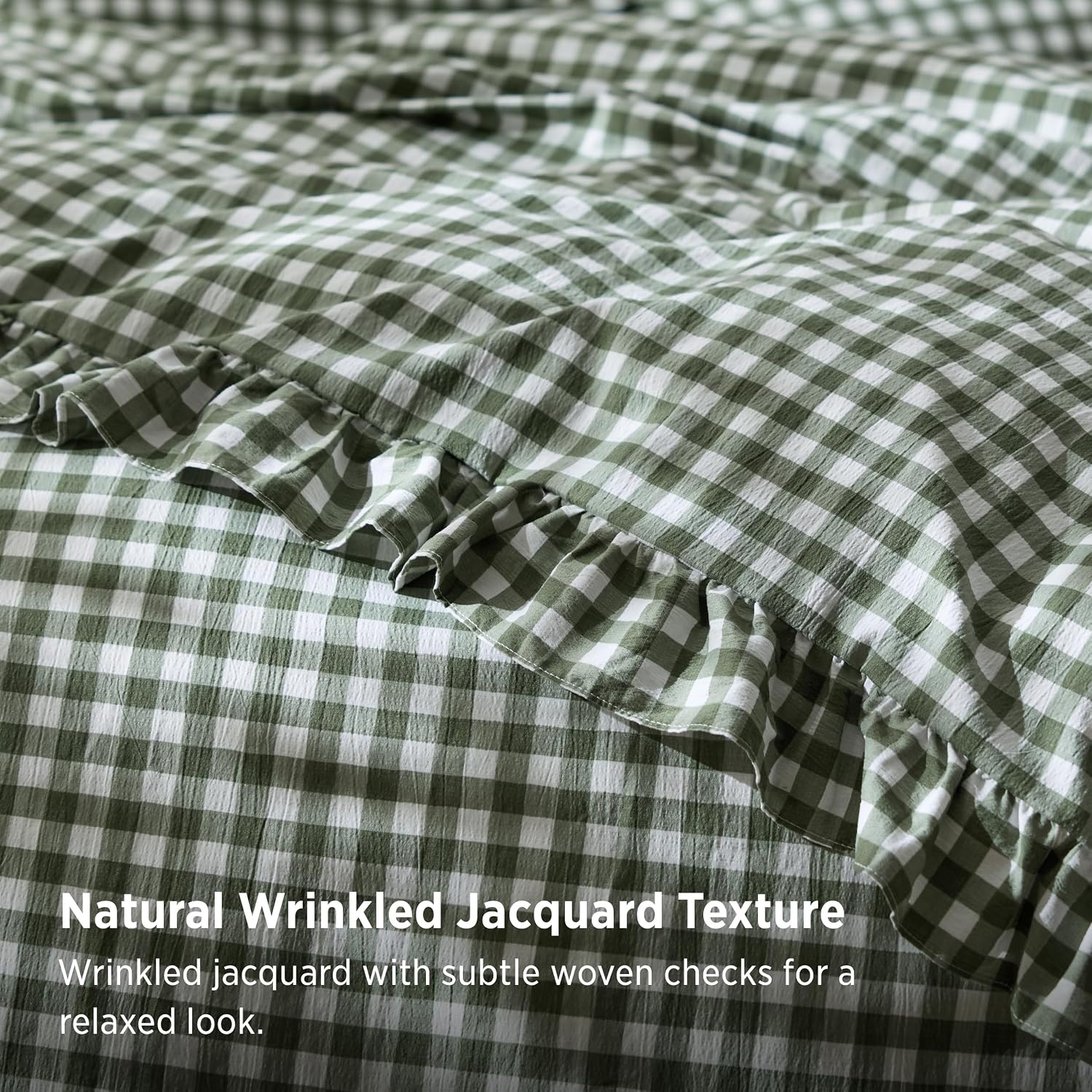 image:imageBedsure Tan Gingham Ruffle Duvet Cover SetVintage Farmhouse Bedding Queen25 Olive Green Gingham
