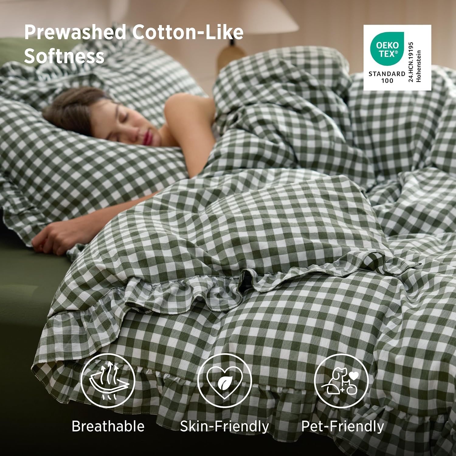 image:imageBedsure Tan Gingham Ruffle Duvet Cover SetVintage Farmhouse Bedding Queen25 Olive Green Gingham