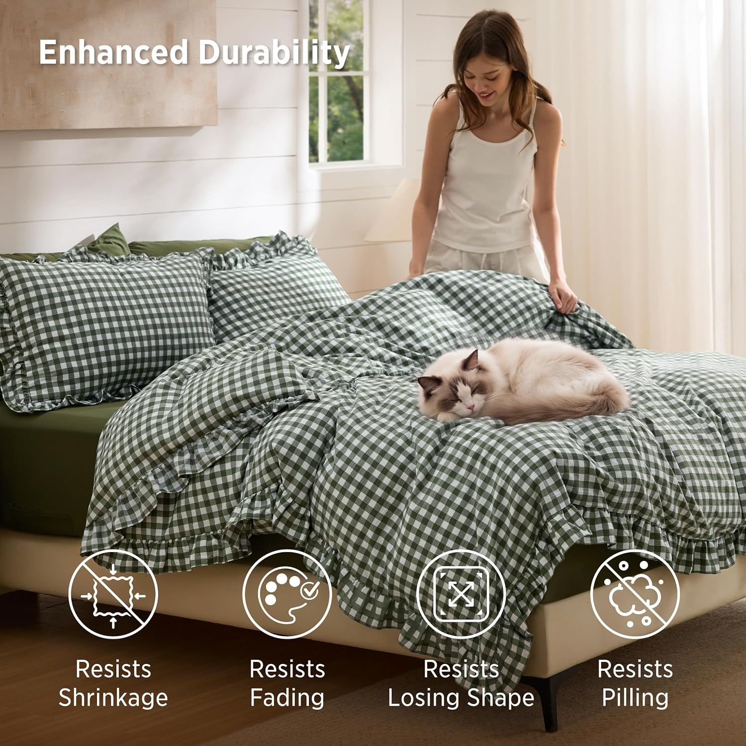 image:imageBedsure Tan Gingham Ruffle Duvet Cover SetVintage Farmhouse Bedding Queen25 Olive Green Gingham