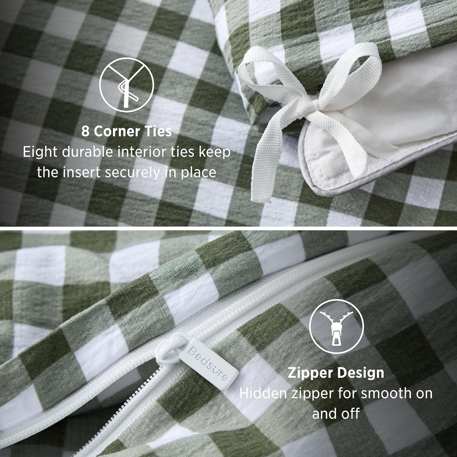 image:imageBedsure Tan Gingham Ruffle Duvet Cover SetVintage Farmhouse Bedding Queen25 Olive Green Gingham