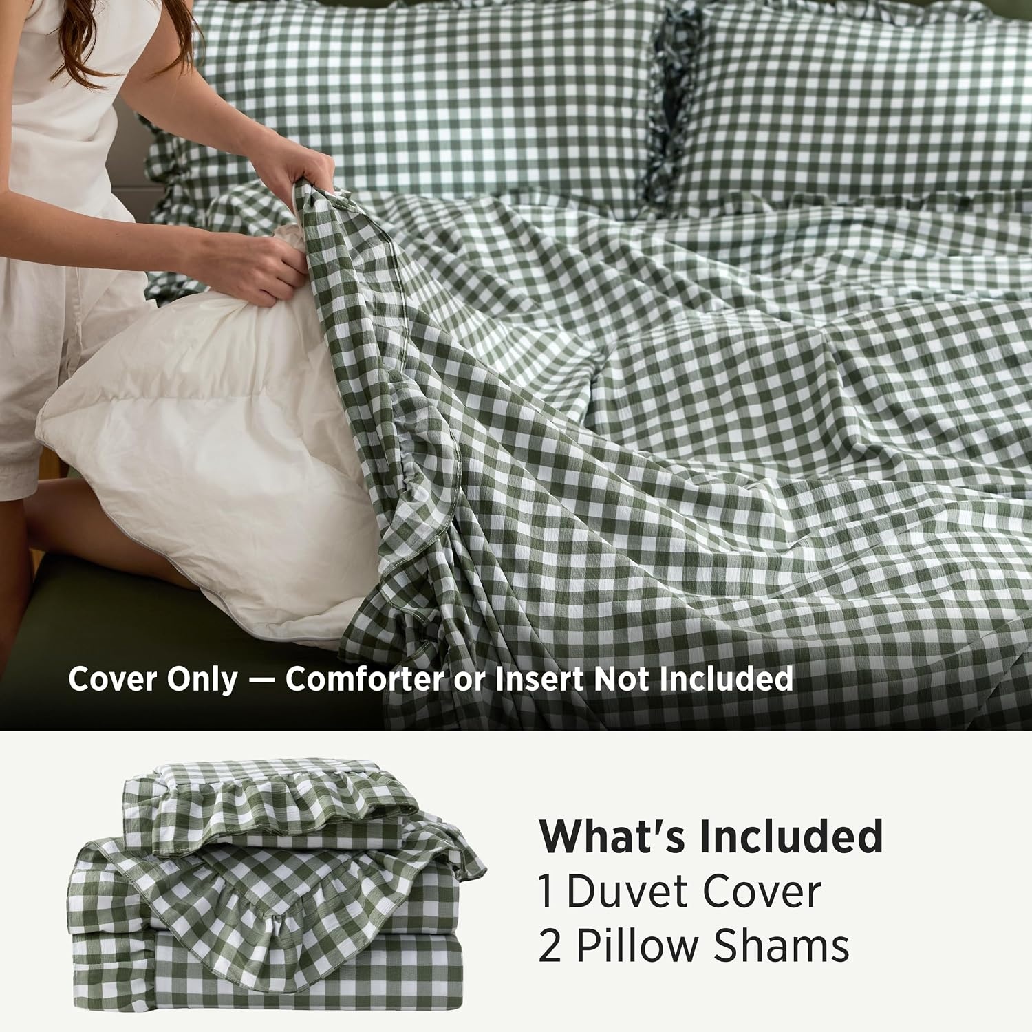 image:imageBedsure Tan Gingham Ruffle Duvet Cover SetVintage Farmhouse Bedding Queen25 Olive Green Gingham