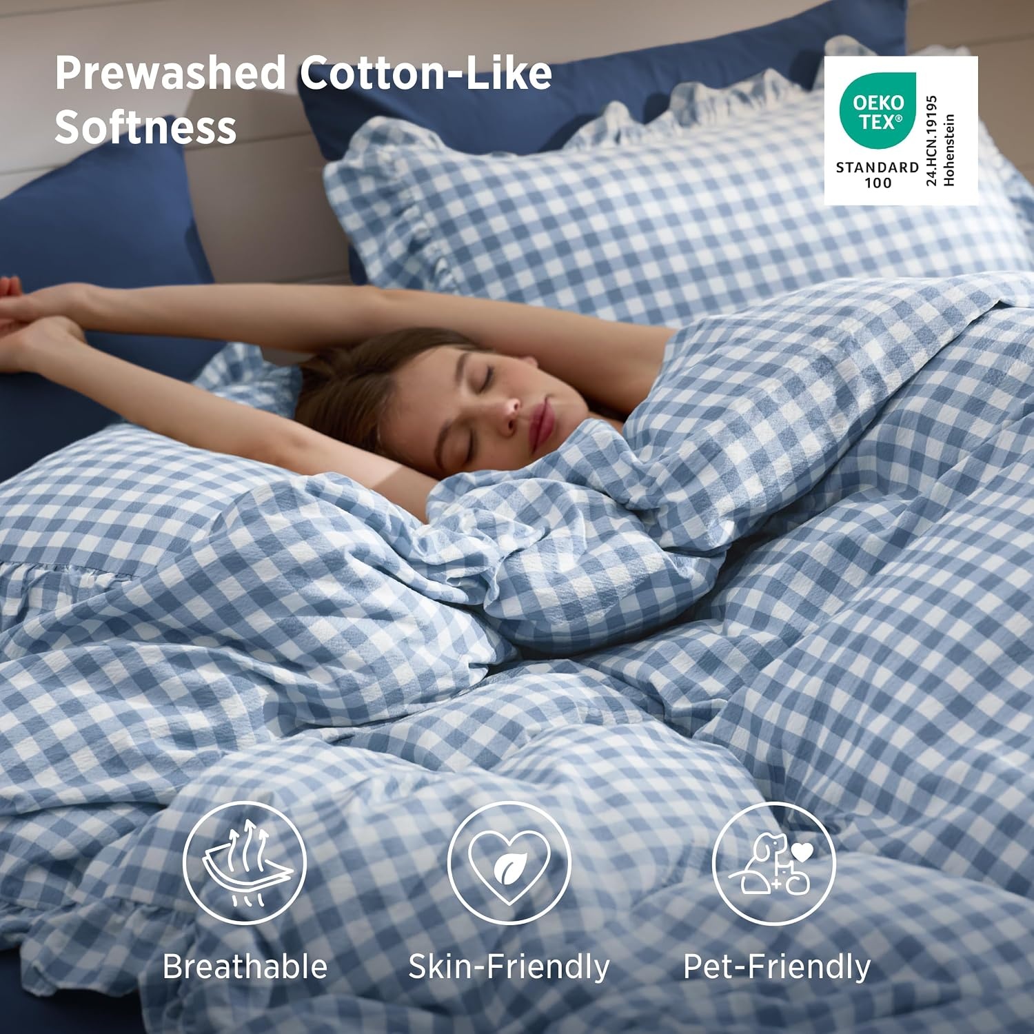 image:imageBedsure Tan Gingham Ruffle Duvet Cover SetVintage Farmhouse Bedding Queen26 Blue Gingham