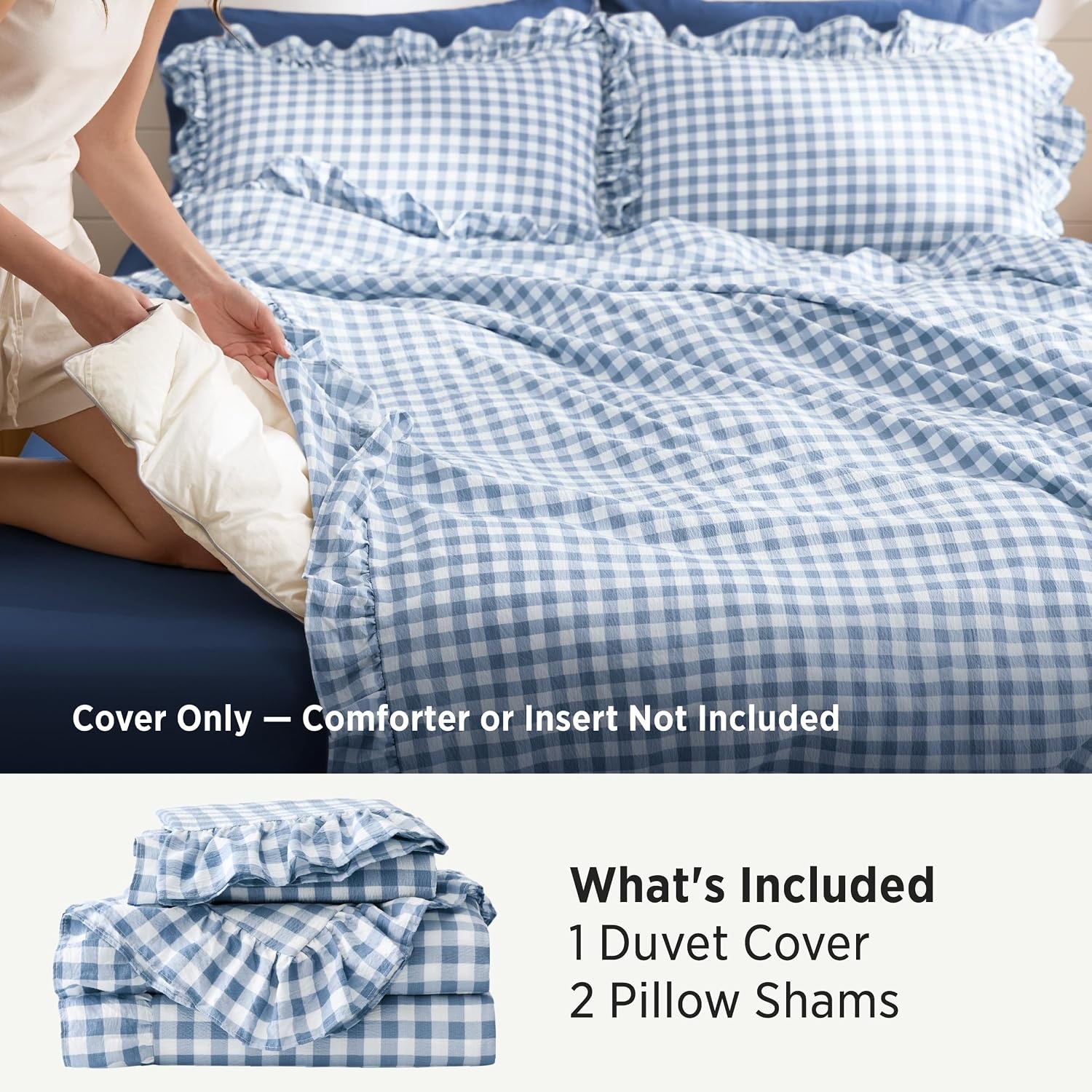 image:imageBedsure Tan Gingham Ruffle Duvet Cover SetVintage Farmhouse Bedding Queen26 Blue Gingham