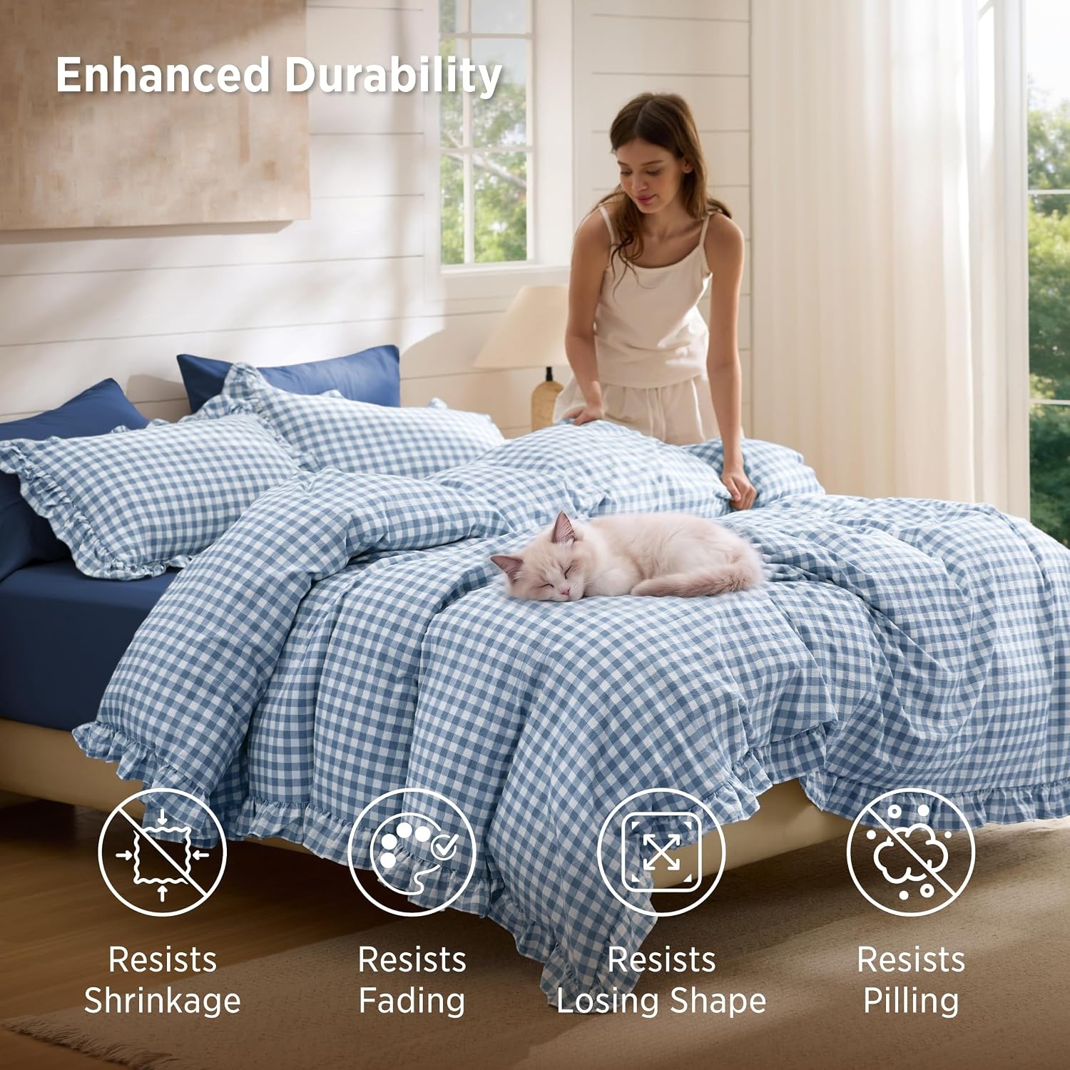image:imageBedsure Tan Gingham Ruffle Duvet Cover SetVintage Farmhouse Bedding Queen26 Blue Gingham