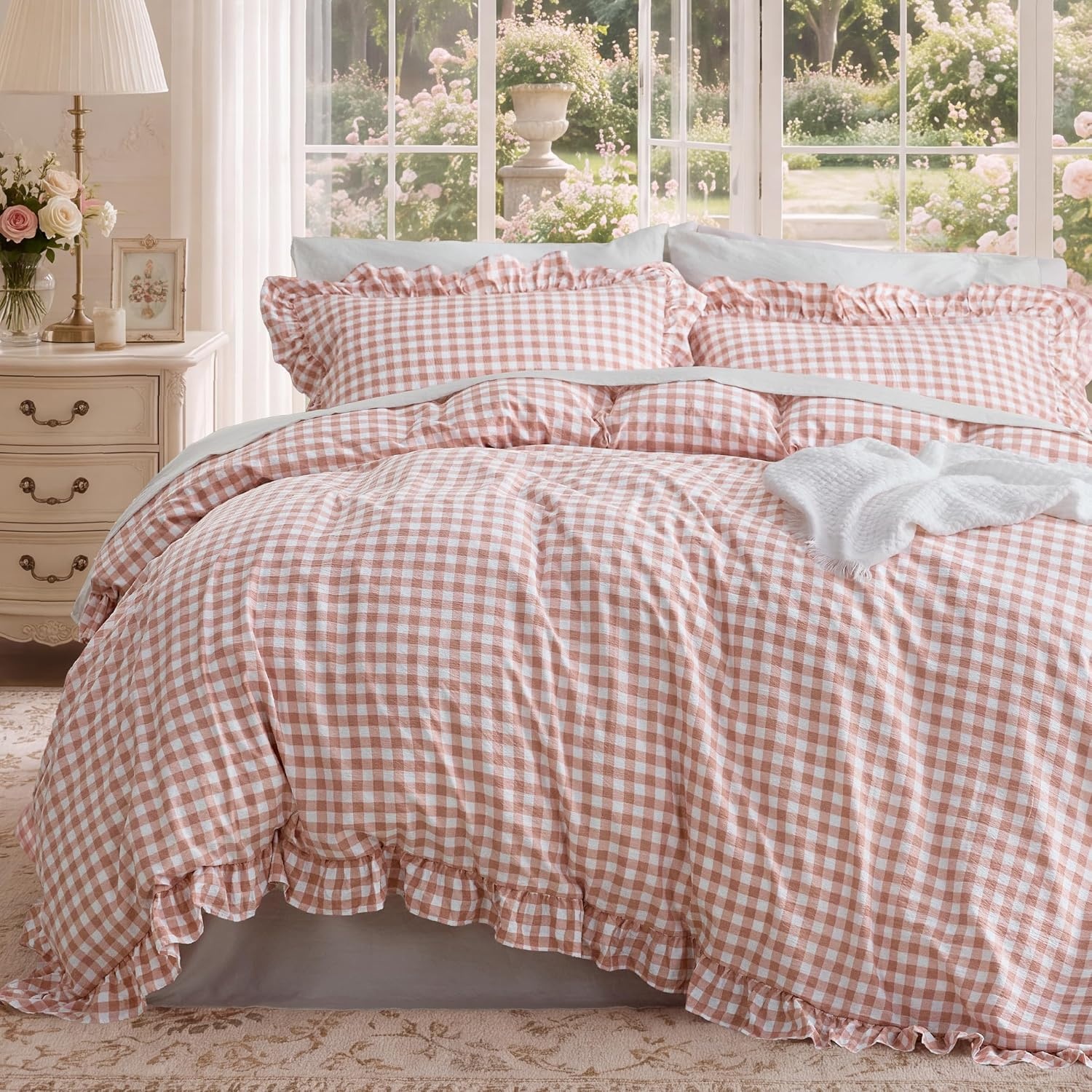 image:imageBedsure Tan Gingham Ruffle Duvet Cover SetVintage Farmhouse Bedding Queen27 Pink Gingham