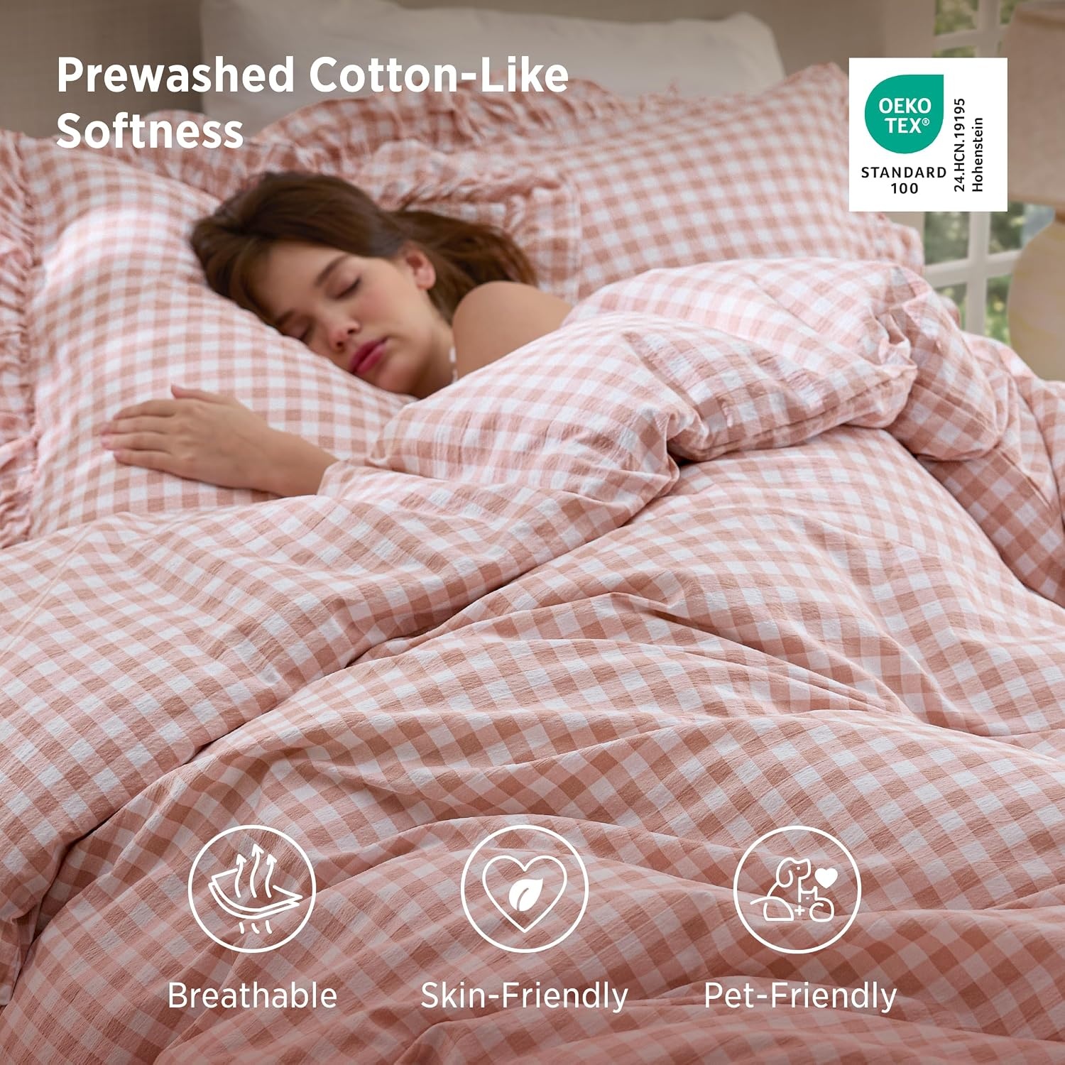 image:imageBedsure Tan Gingham Ruffle Duvet Cover SetVintage Farmhouse Bedding Queen27 Pink Gingham