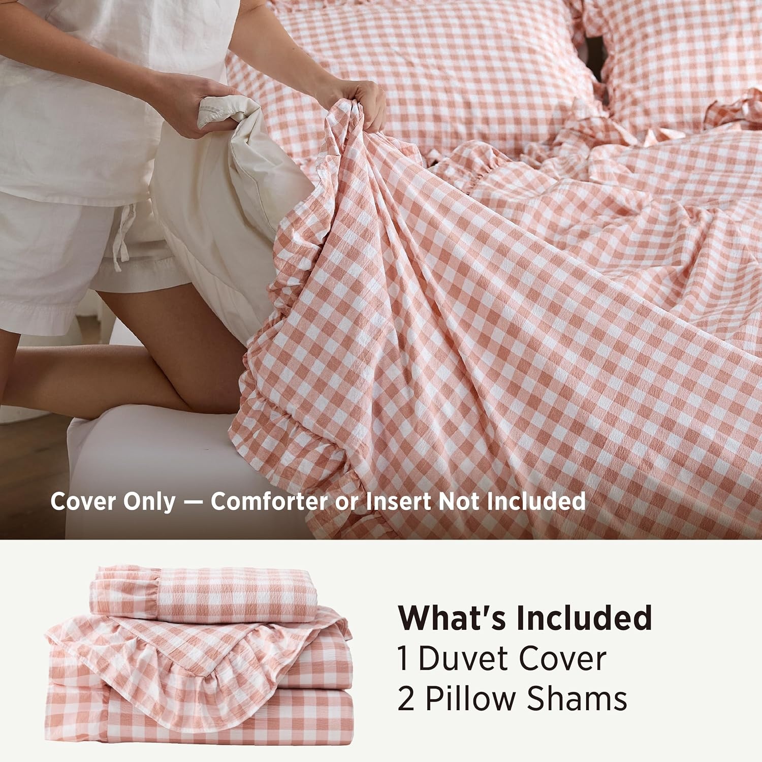 image:imageBedsure Tan Gingham Ruffle Duvet Cover SetVintage Farmhouse Bedding Queen27 Pink Gingham