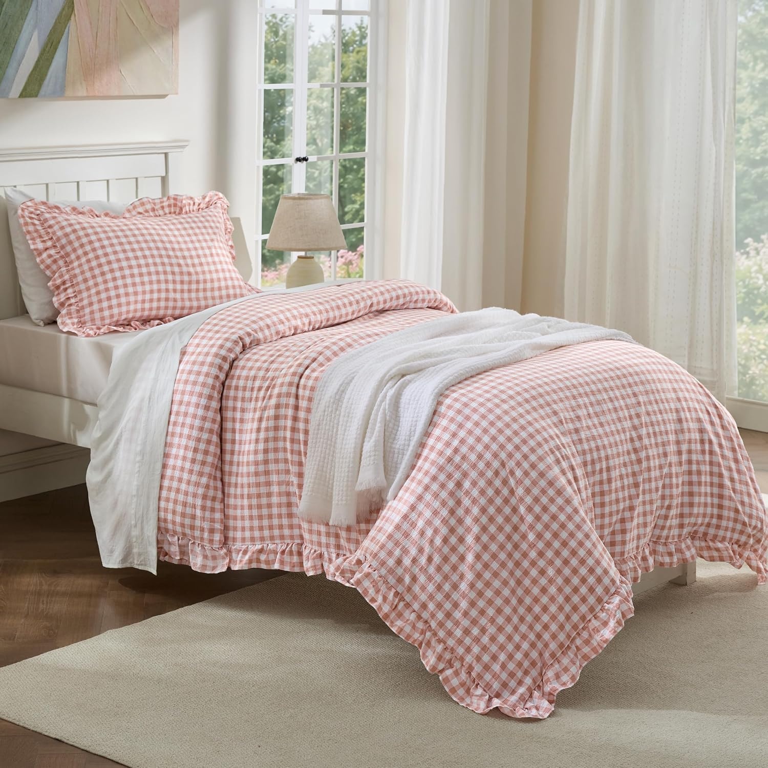 image:imageBedsure Tan Gingham Ruffle Duvet Cover SetVintage Farmhouse Bedding Queen27 Pink Gingham