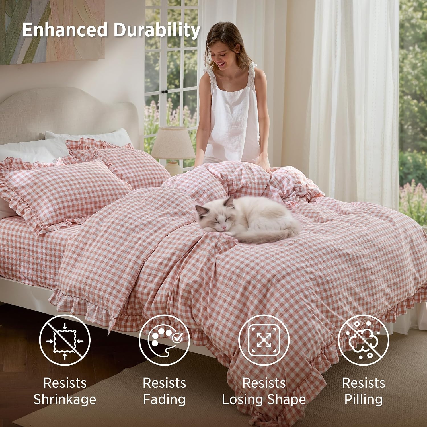 image:imageBedsure Tan Gingham Ruffle Duvet Cover SetVintage Farmhouse Bedding Queen27 Pink Gingham