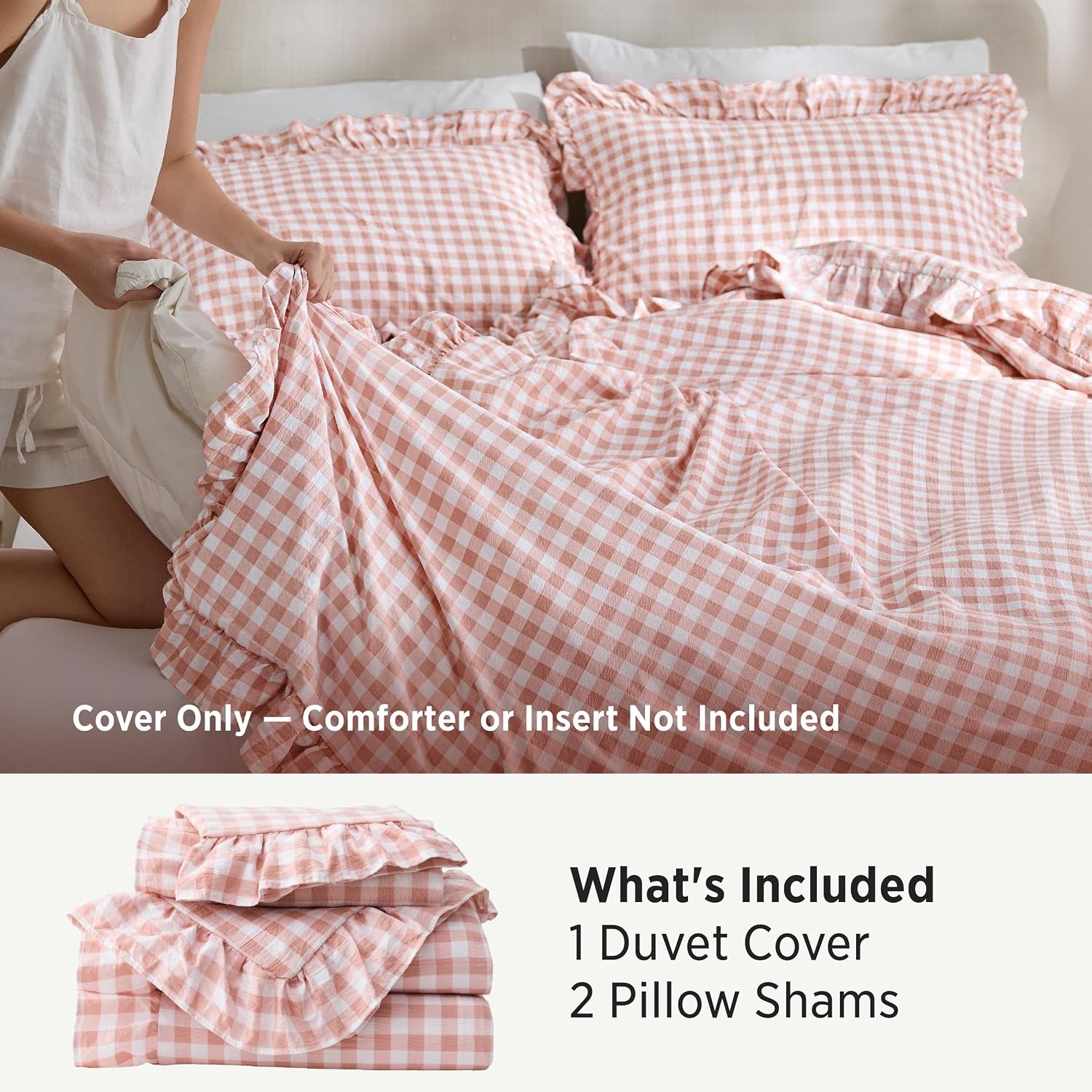 image:imageBedsure Tan Gingham Ruffle Duvet Cover SetVintage Farmhouse Bedding Queen27 Pink Gingham
