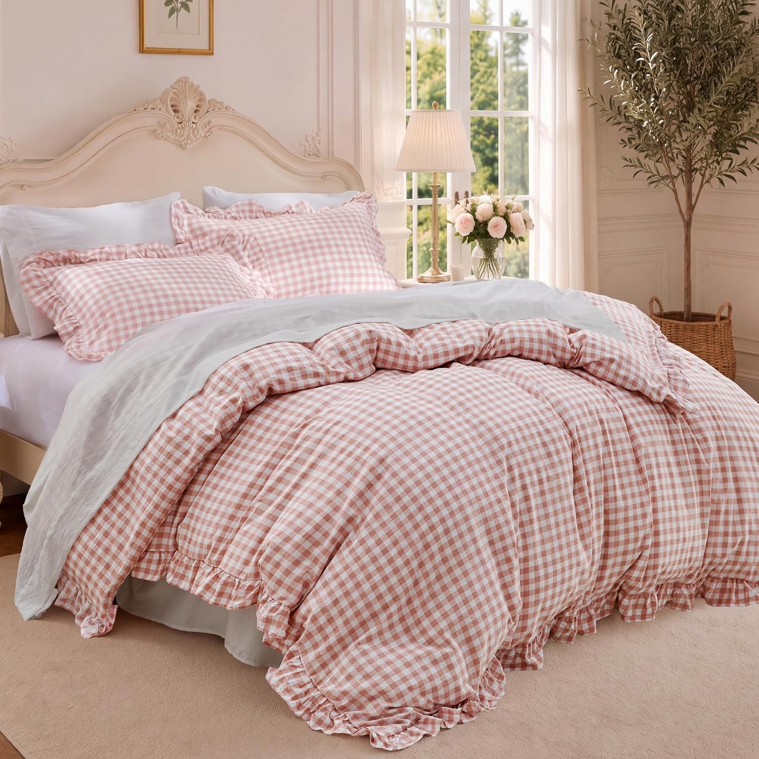 image:imageBedsure Tan Gingham Ruffle Duvet Cover SetVintage Farmhouse Bedding Queen27 Pink Gingham