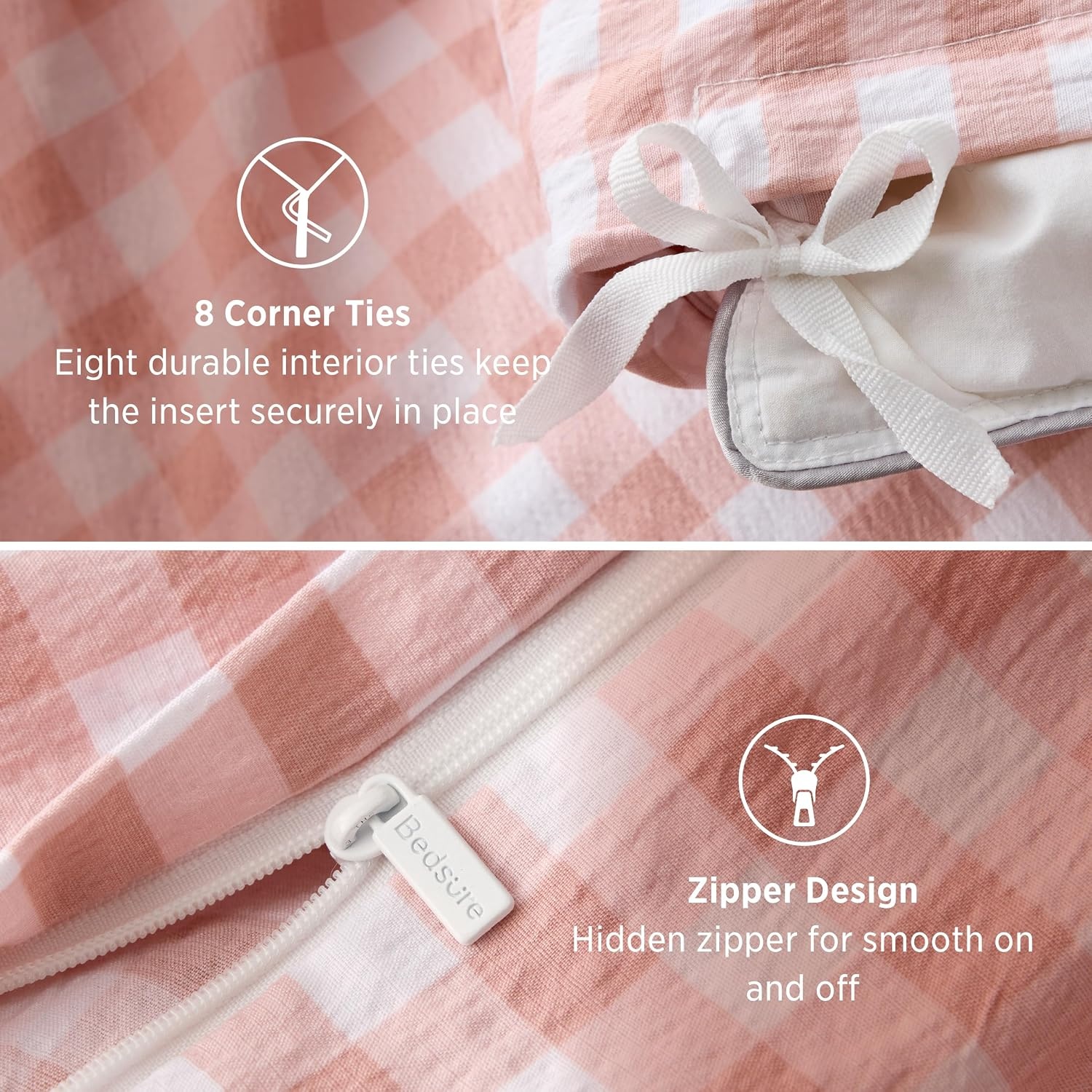 image:imageBedsure Tan Gingham Ruffle Duvet Cover SetVintage Farmhouse Bedding Queen27 Pink Gingham