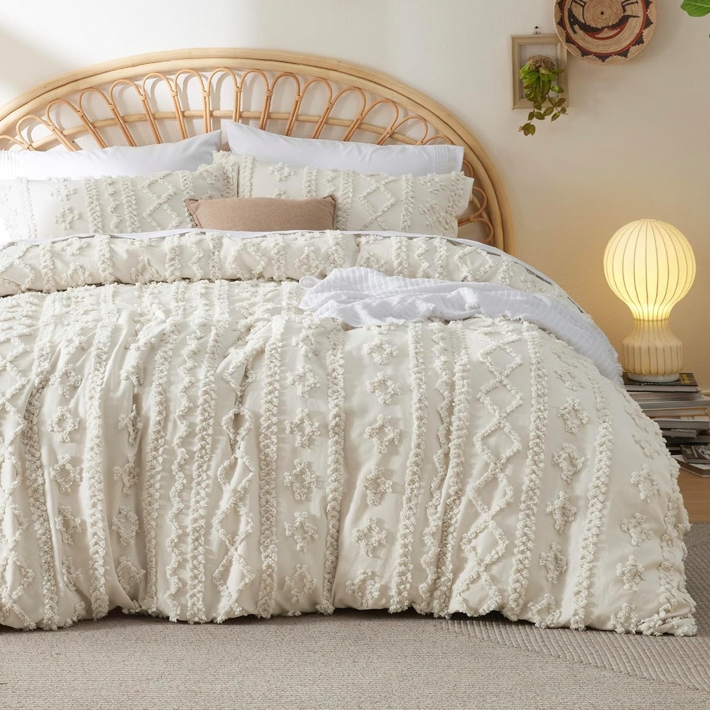 image:imageBedsure Checkered Boho Duvet Cover Queen Tufted Embroidery 3PieceBeige01 Beige Elegant No Comforter