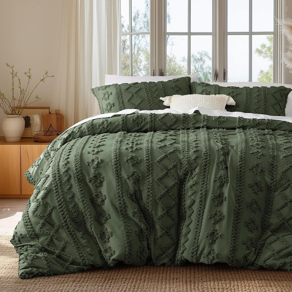 image:imageBedsure Checkered Boho Duvet Cover Queen Tufted Embroidery 3PieceBeige02 Olive Green Elegant No Comforter
