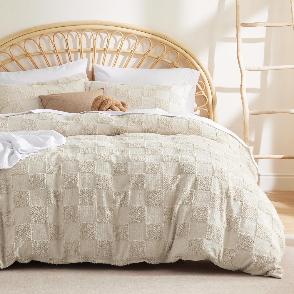 image:imageBedsure Checkered Boho Duvet Cover Queen Tufted Embroidery 3PieceBeige03 Beige Checkered No Comforter