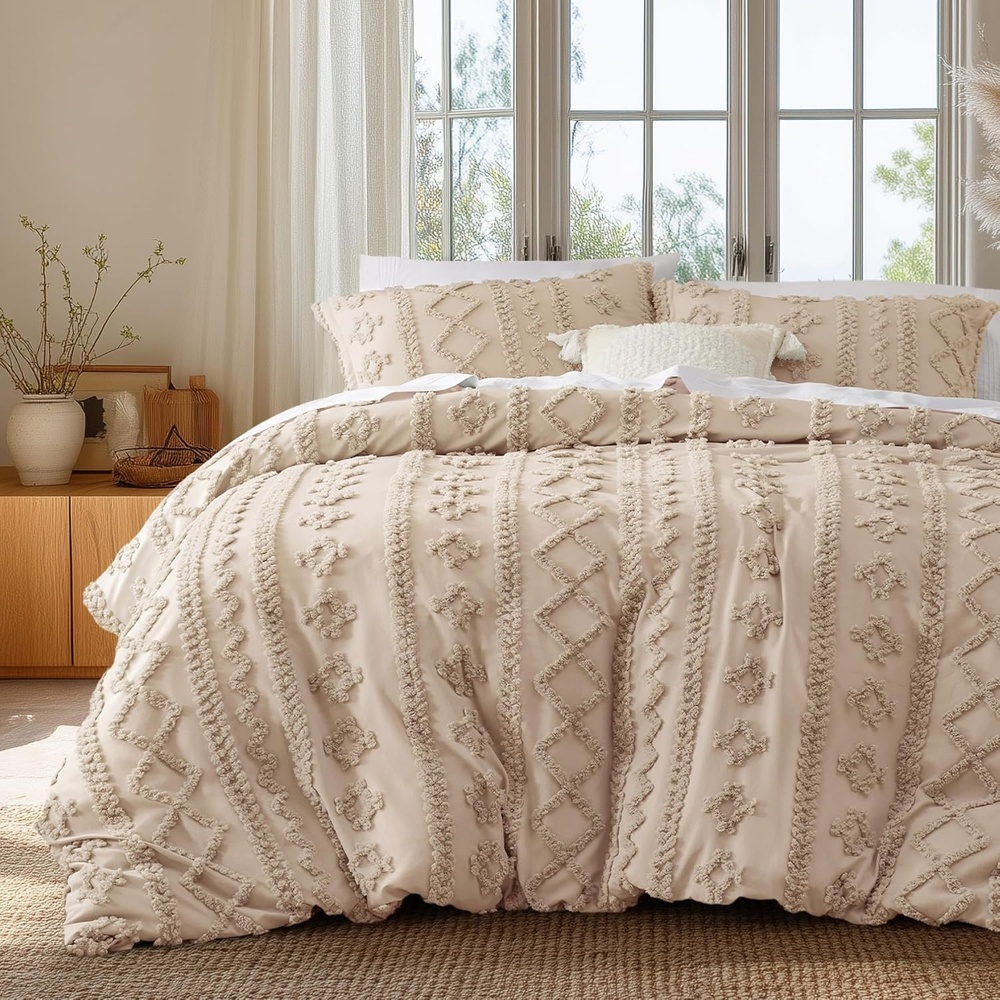 image:imageBedsure Checkered Boho Duvet Cover Queen Tufted Embroidery 3PieceBeige07 Khaki Elegant No Comforter