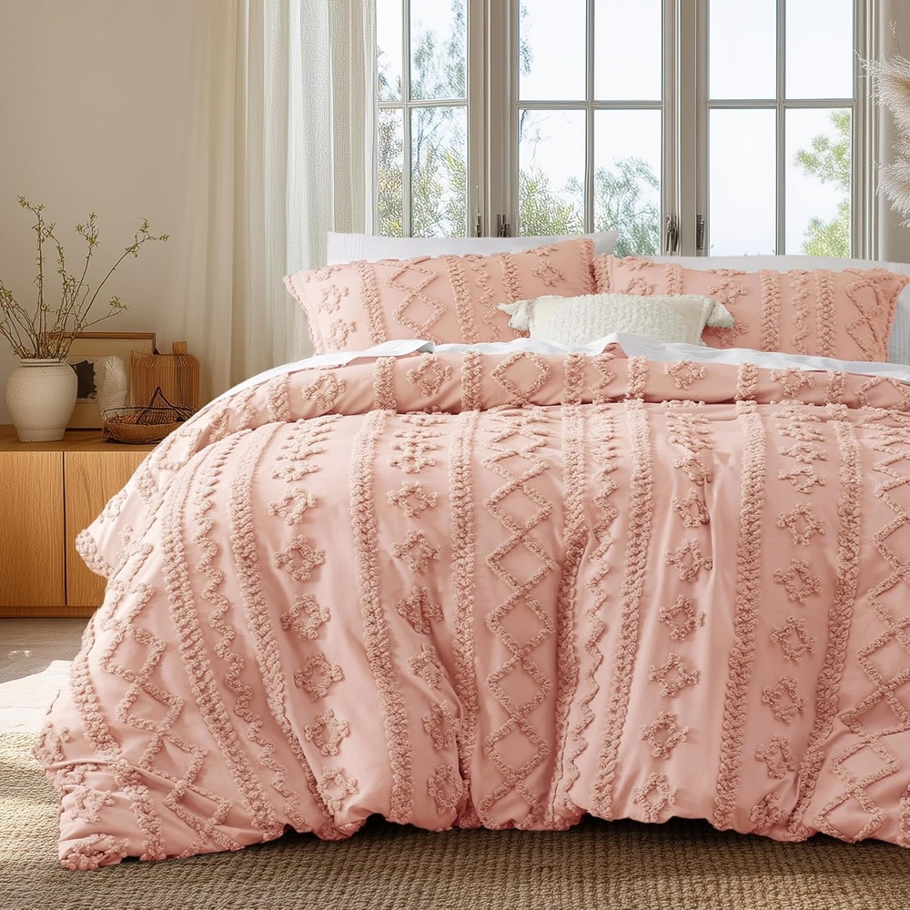 image:imageBedsure Checkered Boho Duvet Cover Queen Tufted Embroidery 3PieceBeige08 Light Pink Elegant No Comforter