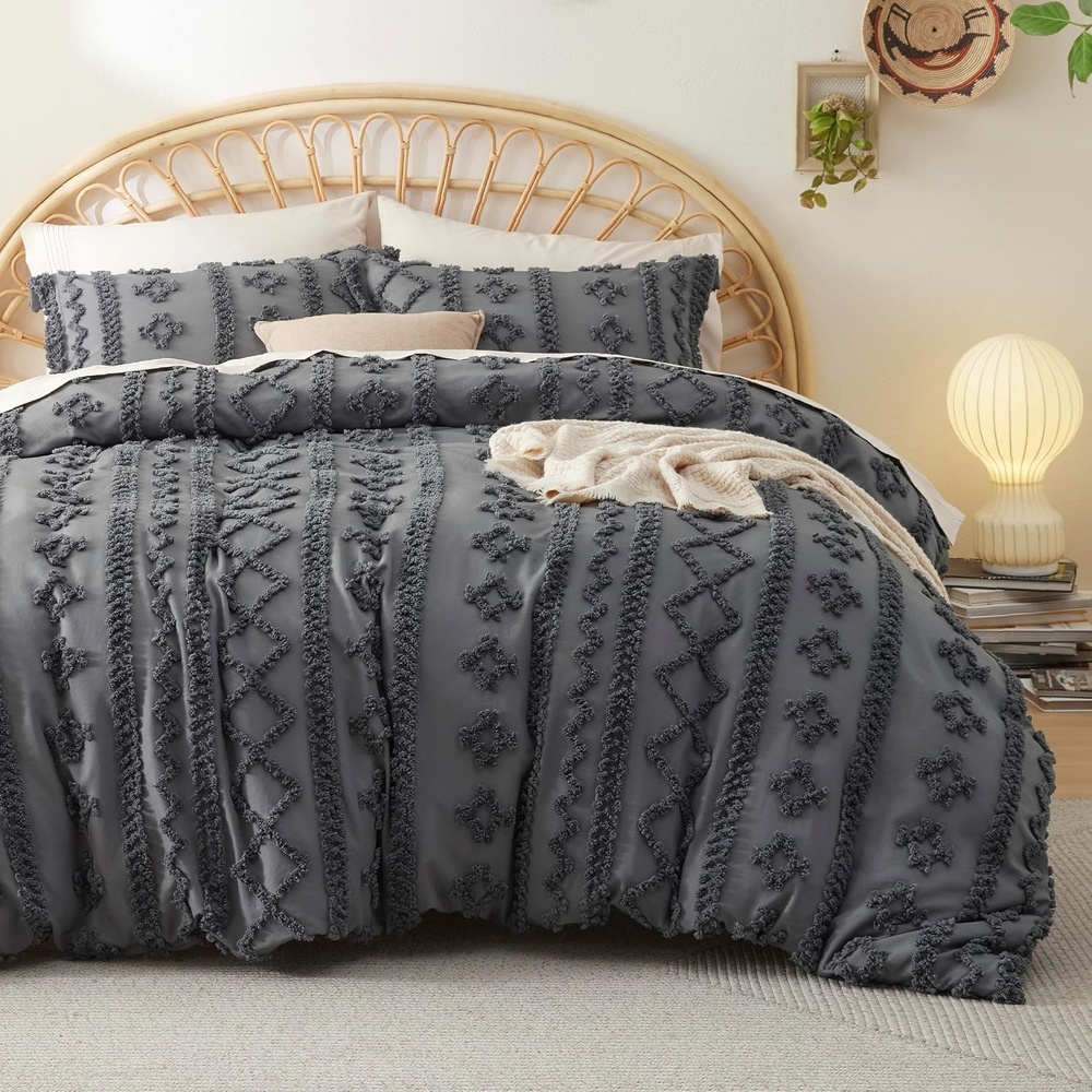 image:imageBedsure Checkered Boho Duvet Cover Queen Tufted Embroidery 3PieceBeige15 Dark Grey Elegant No Comforter