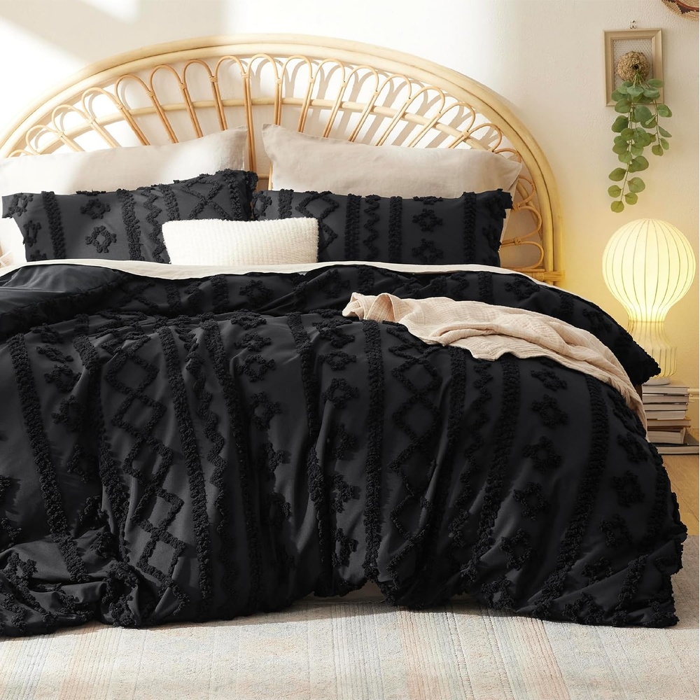 image:imageBedsure Checkered Boho Duvet Cover Queen Tufted Embroidery 3PieceBeige16 Black Elegant No Comforter