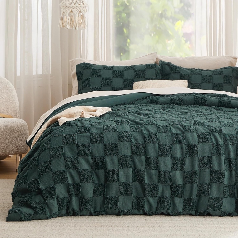 image:imageBedsure Checkered Boho Duvet Cover Queen Tufted Embroidery 3PieceBeige17 Forest Green Checkered No Comforter