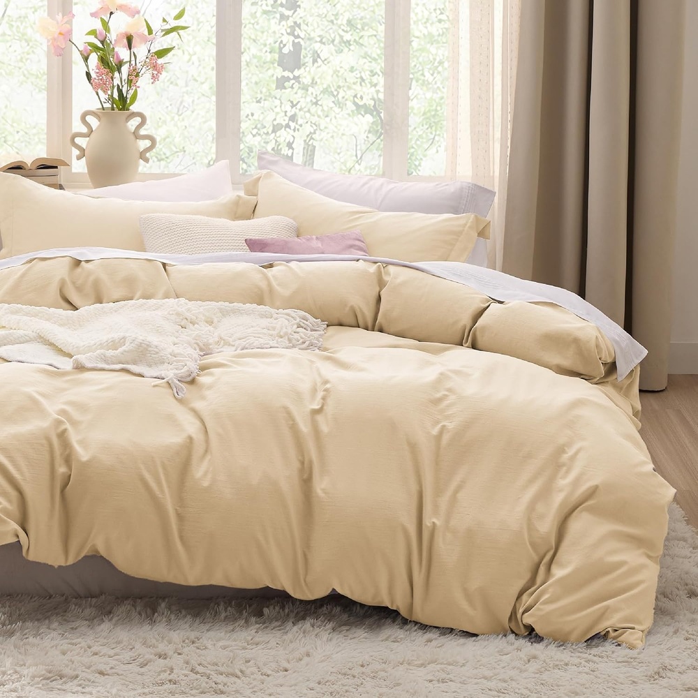 image:imageBedsure Tan Gingham Ruffle Duvet Cover SetVintage Farmhouse Bedding Queen01 Alabaster Gleam No Comforter