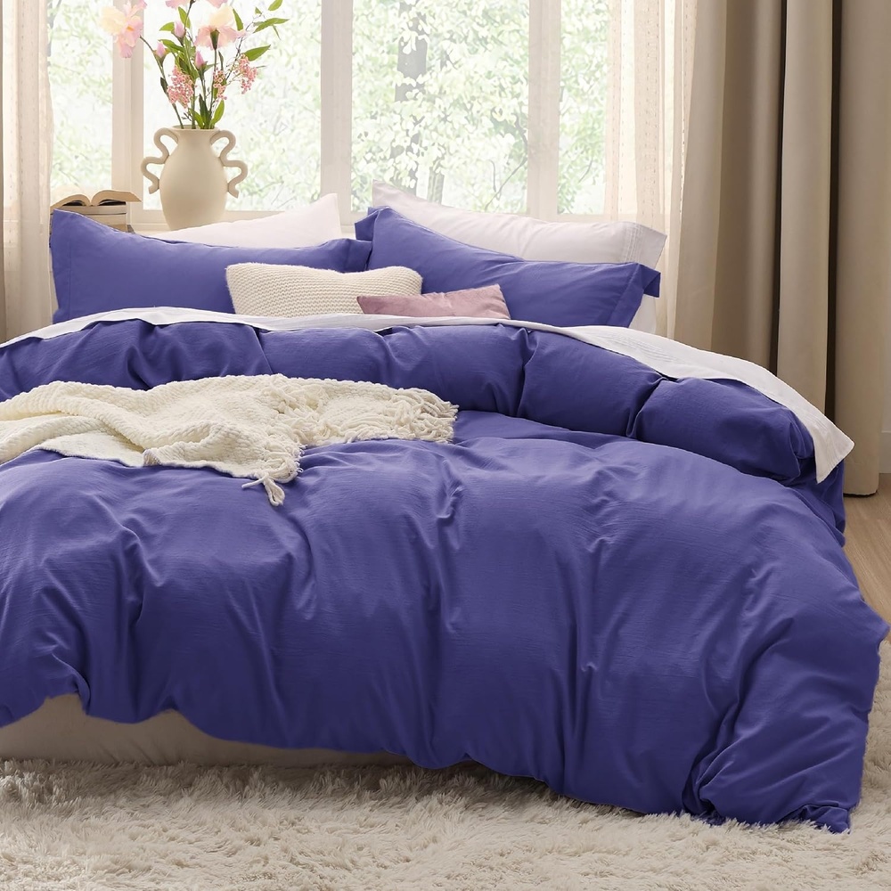 image:imageBedsure Tan Gingham Ruffle Duvet Cover SetVintage Farmhouse Bedding Queen01 Skipper Blue No Comforter