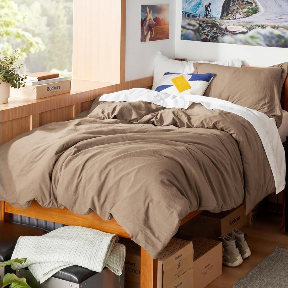 image:imageBedsure Tan Gingham Ruffle Duvet Cover SetVintage Farmhouse Bedding Queen02 Brown No Comforter