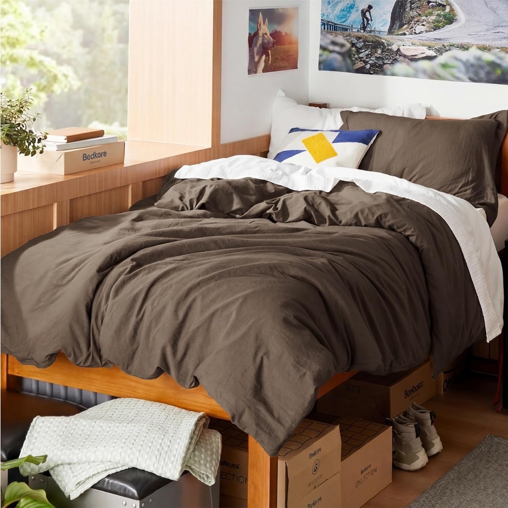 image:imageBedsure Tan Gingham Ruffle Duvet Cover SetVintage Farmhouse Bedding Queen02 Dark Brown No Comforter